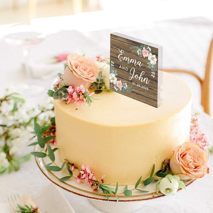 Andaz Press Rustic Wood Custom Wedding Cake Topper, Acrylic Square Personalized Couple Cake Topper