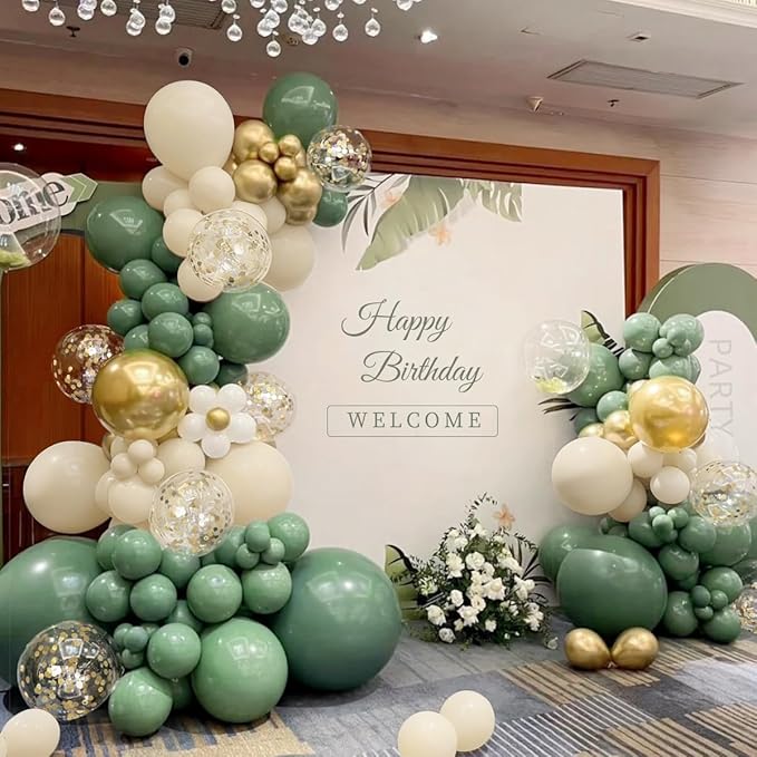 Sage Green White Gold Balloon Arch Kit, 166Pcs Sage Green White Sand Gold Metallic and Gold Confetti Balloons Garland for Baby Shower Gender Reveal Wedding Jungle Safari Party Decoration