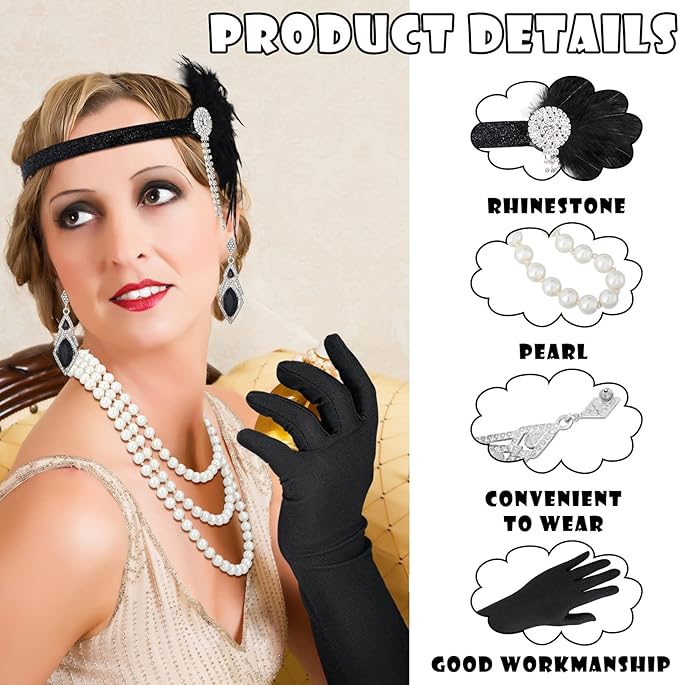 Maitys 1920s Accessories Set for Women Flapper Costume Feather Headband Necklace Bracelet Earrings