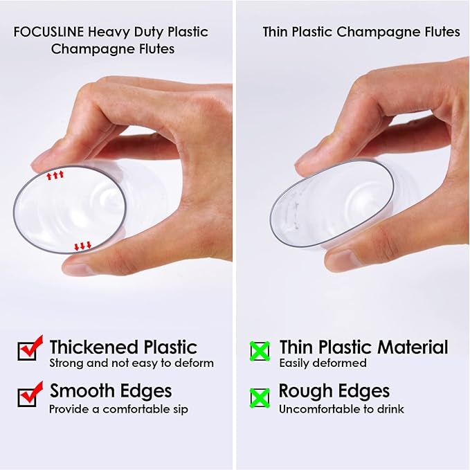 FOCUSLINE 24 Pack 9 Oz Plastic Stemless Gold Rim Champagne Flutes, Heavy Duty, Shatterproof, Disposable & Reusable Crystal Clear Toasting Glasses