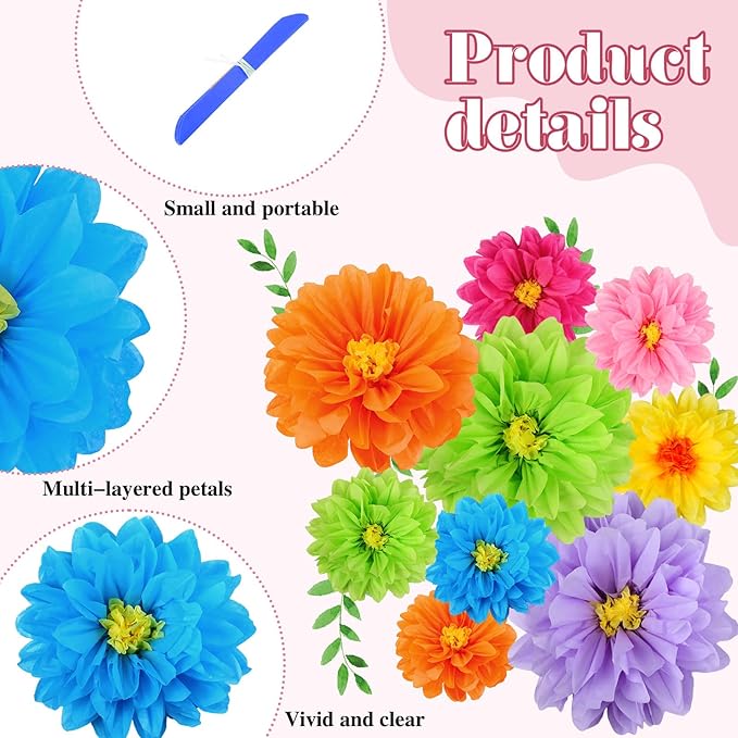 Geyee 18 Pcs Mexican Paper Flowers Colorful Fiesta Tissue Paper Flowers Pom Poms Mexican Carnival for Floral Party Backdrop Wedding Birthday Party Craft, 6" 8" 10"(Bright Color)