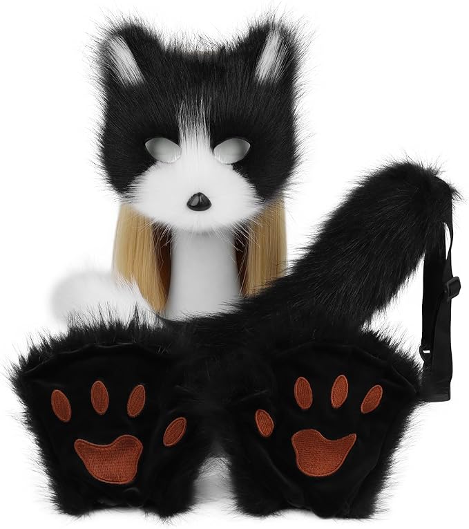 HAOAN Furry Fox Mask Wolf Fox Tail and Paw Gloves Set Adult Cat Halloween Mask Cosplay Animal Party Costume