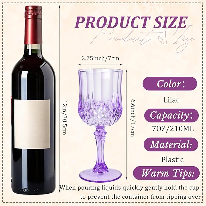24 Pcs Plastic Purple Wine Drinking Glasses, Plastic Water Goblets Purple Vintage Reusable Drinkware Vintage Champagne glassware for Wedding Reception Grand Event Party, 7oz