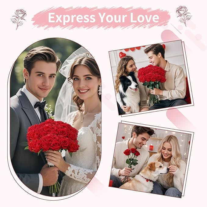 52 PCS Red Artificial Roses Bulk, Fake Artificial Flowers Bridal Bouquet Silk Faux Rose with Stems for Wedding Flowers Decoration, Valentine's Day, Bridal Bouquet, Anniversary, Home Decor (52PCS)