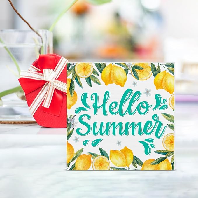 Lemon Decor Hello Summer Wood Block Sign Summer Decorations for Home Kitchen 5 x 5 Inches