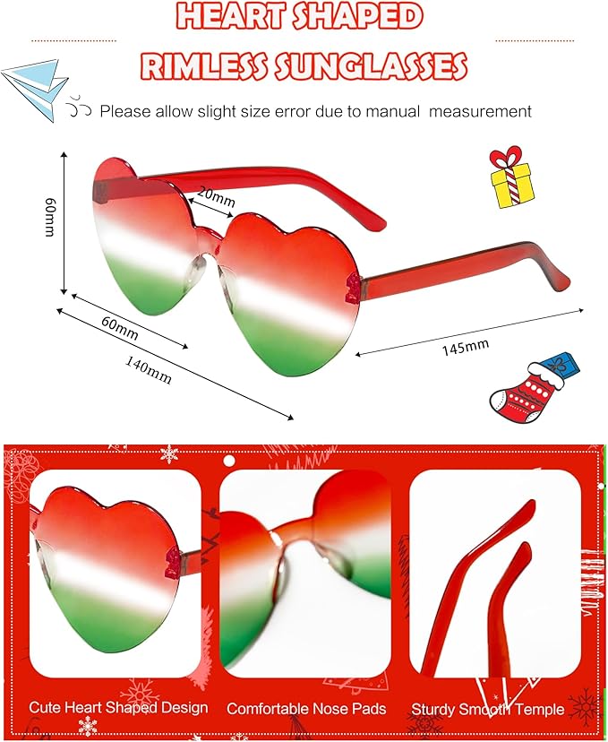 20 Pairs Heart Shaped Sunglasses Bulk, Colorful Rimless Fun Heart Sunglasses for Women Party Favors