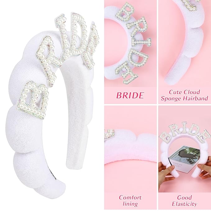 Bride Headband Bridal Headband White Pearl Headbands for Women Bridal Shower Decorations Bachelorette Party Favors Spa Headbands for Washing Face