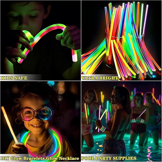 TURNMEON 100 Pack Ultra Bright Glow Sticks Bulk Party Pack Glow In The Dark Party Supplies Glow Sticks Necklaces Bracelets with Connectors 8" Glow stick Light Up Toy Birthday Wedding Pool Halloween