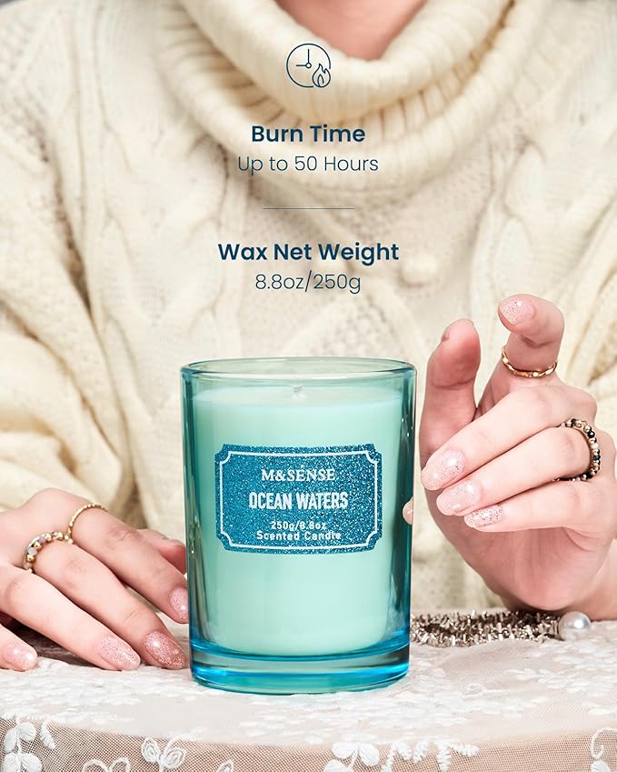 M&SENSE Ocean Water Scented Candles, Classic Size 8.8 oz Glitter Jar Candles, Holiday Candles Gifts for Women, Strong Scented Natural Soy Candle for Winter Home Decor, 50 Hours Long Burning