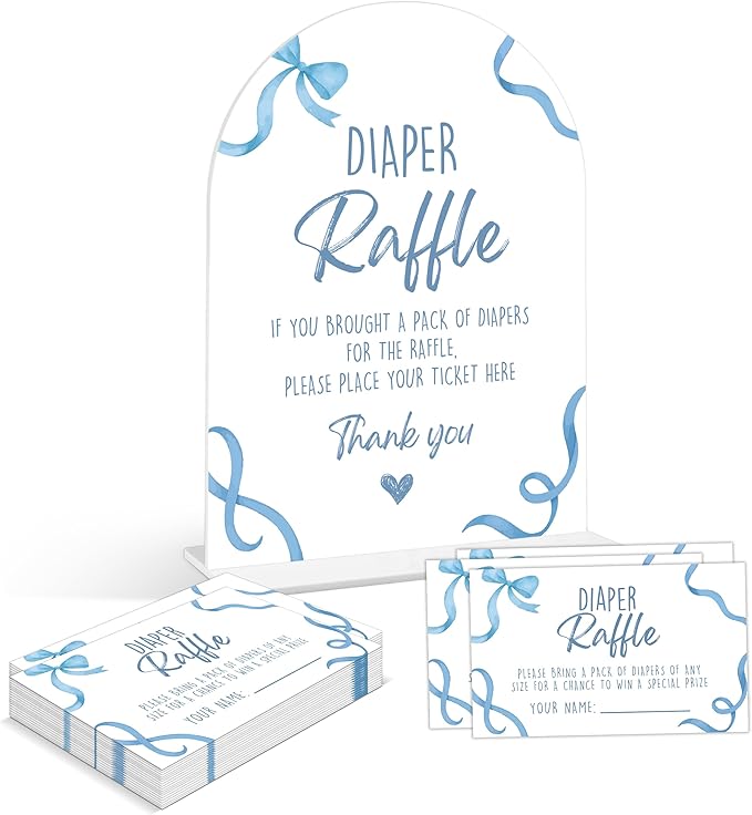 Baby Shower Games - Blue Bow Diaper Raffle, 1 Arch Acrylic Sign and 50 Diaper Raffle Tickets, Gender Reveal Game, Blue Baby Shower Decoration Supplies (PE02)