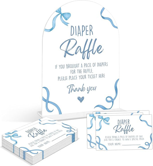 Baby Shower Games - Blue Bow Diaper Raffle, 1 Arch Acrylic Sign and 50 Diaper Raffle Tickets, Gender Reveal Game, Blue Baby Shower Decoration Supplies (PE02)