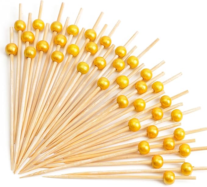 PuTwo Cocktail Picks Handmade Bamboo Appetizer Toothpicks 100 Counts 4.7” Yellow Pearls