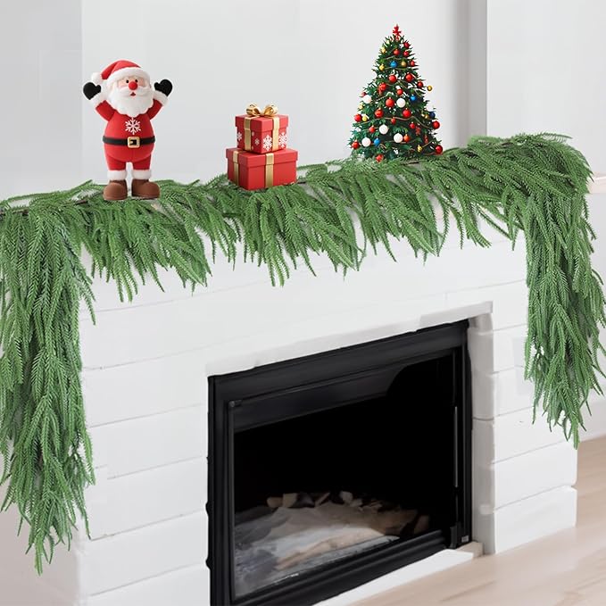 6ft Christmas Norfolk Pine Garland, Real Touch Artificial Greenery Garland for Holiday Mantle Table Wall Fireplace Windows Indoor Outdoor Home Decorations(1, 6FT)