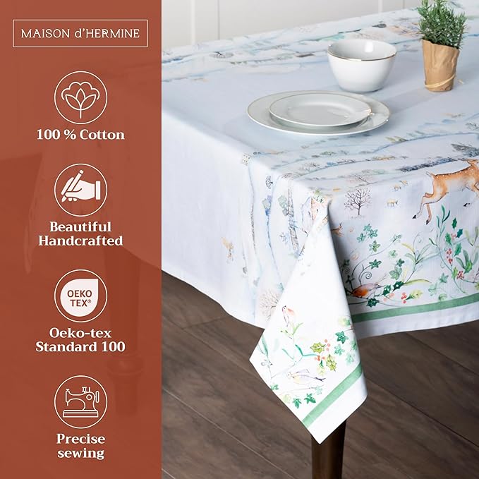 Maison d' Hermine Table Cloth Rectangle Table 100% Cotton 70 x 108 Inches Fall Tablecloth Reusable Everyday Use for Thanksgiving Christmas Decorations Dining Farmhouse Party (Snowy World)