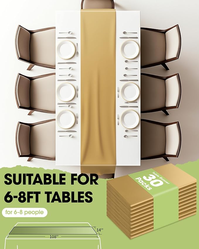 Pureegg Gold Plastic Table Runners - 30 Pack, 14'' x 108'', Water Resistant & Disposable Centerpiece Decorations for Table Cloth, Wedding, Birthday, Holiday, Baby Shower, Party, Home Decor