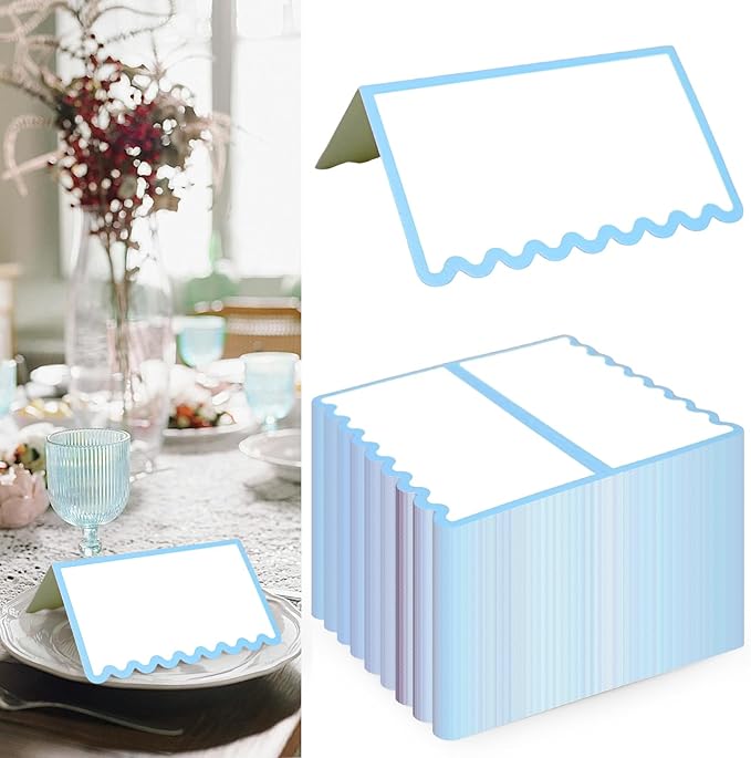 150 PCS Dusty Blue Scalloped Place Cards 2 x 3.5 Inch Blank Tented Place Card Name Cardstock Seat Assignment Label Card Reserved Table Signs Seating Signs for Birthday Wedding Party