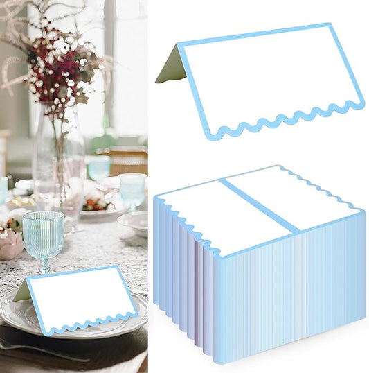 150 PCS Dusty Blue Scalloped Place Cards 2 x 3.5 Inch Blank Tented Place Card Name Cardstock Seat Assignment Label Card Reserved Table Signs Seating Signs for Birthday Wedding Party