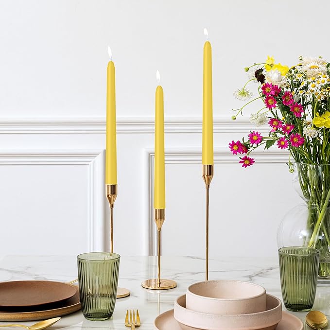30 Pack Yellow Taper Candles - Taper Candles 10 Inch Dripless, Smokeless & Unscented - 8 Hours Long Burning - Ideal for Weddings, Dinner Parties, and Home Decor