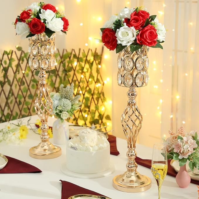 Artificial Flowers, 6 Pcs Flower Ball Arrangement Bouquets 15 Heads Plastic Roses with Base, Perfect for Wedding Party Valentines Table Decoration, Home Décor, Wedding Centerpieces (red White)