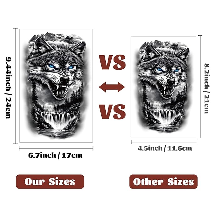 36 Sheets Temporary Tattoo for Men Women Adults, 12 Sheets Large Size Black 3D Half Sleeve Fake Tattoos, Halloween Tattoos Scary Lion Wolf Tiger PantherSnake Skull Skeleton Tattoos Stickers
