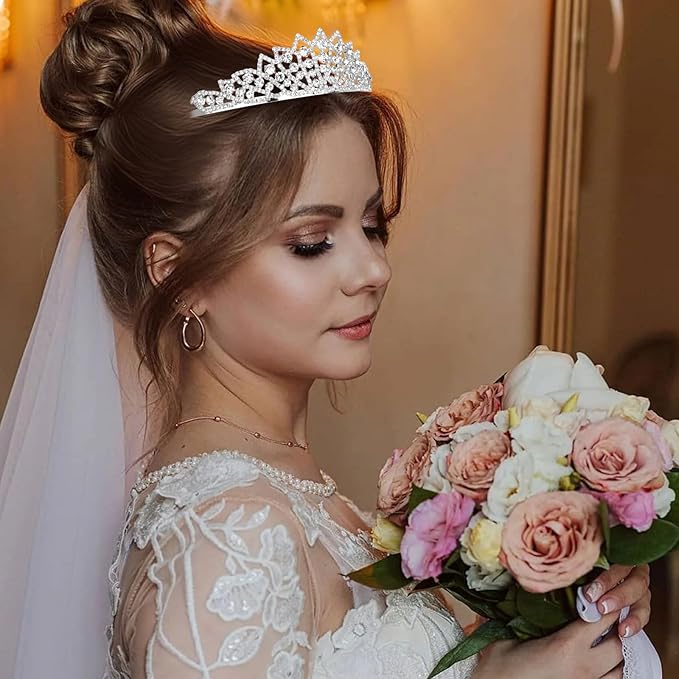Silver Wedding Crown Crystal Tiara for Women Queen Crowns Princess Headband Silver Rhinestones Tiaras for Bride Sparkle Hair Accessories for Party