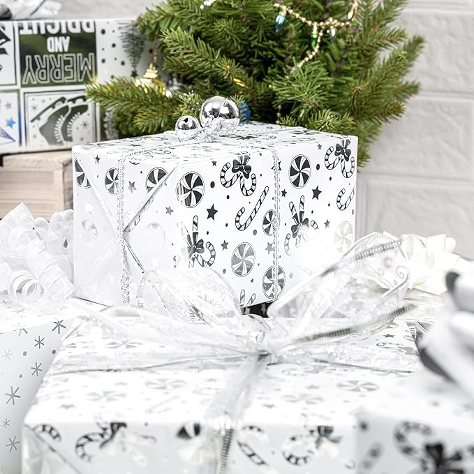 WRAPAHOLIC 30 Inch Silver Christmas Wrapping Paper Roll - Jumbo Roll Silver Snowflakes, Candy Cane Holiday Collection with Metallic Foil Shine - 4 Rolls - 30 Inch x 120 Inch Per Roll