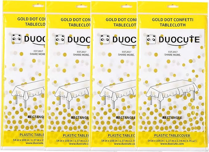 White and Gold Tablecloths for Party 4 Packs, 54X108 inch Gold Dot Confetti Disposable Rectangular Plastic Table Cover for Bridal Shower Engagement Wedding Birthday BBQ Party New Year Eve 2025
