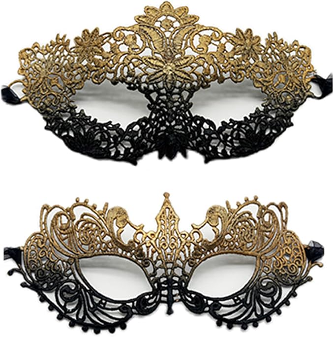 TFTSR Masquerade Masks for Women Couples & Men - Mardi Gras & Venetian Dress Mask in Black & Gold Adults Party Lace Costume
