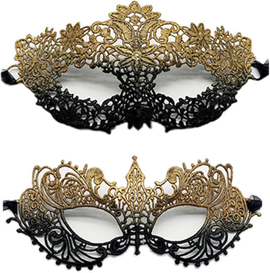 TFTSR Masquerade Masks for Women Couples & Men - Mardi Gras & Venetian Dress Mask in Black & Gold Adults Party Lace Costume