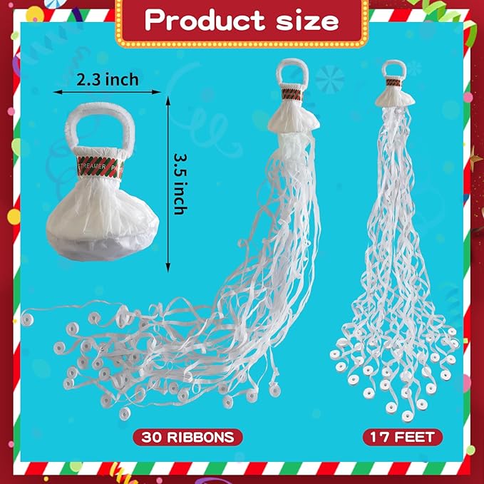 Streamer Poppers 24Pack White, Confetti Streamers No Mess Party Poppers, Hand Thrown Streamers for Weddings Birthdays Events, Quiet Easy Cleanup (White, 24Pack)