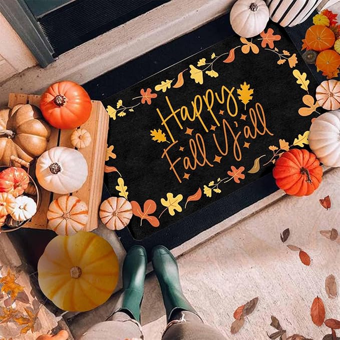Fall Welcome Maple Leafs Decorative Door Mat, Autumn Thanksgiving Doormat for Indoor Outdoor Entrance Floor Mats,Fall Pumpkins Non Slip Harvest Vintage Decor Rubber Welcome Mats 30" x 18" Inch