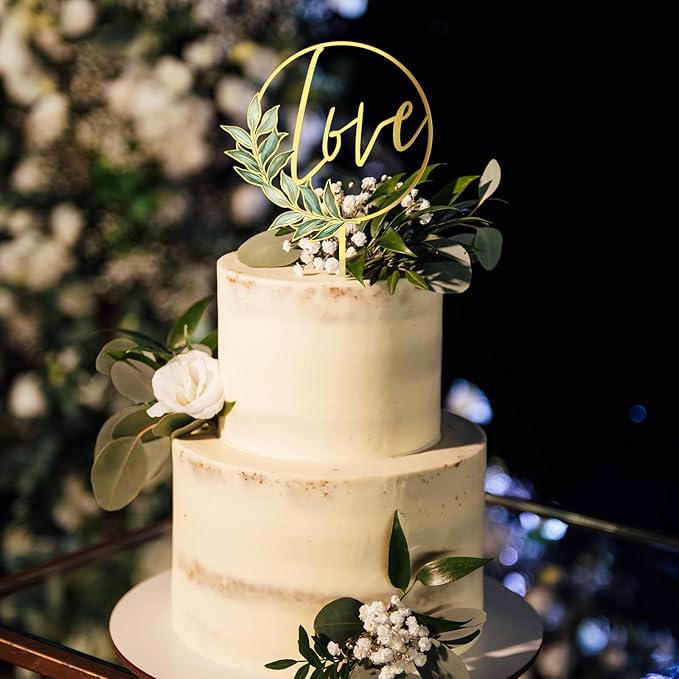 Love Wedding Cake Topper Gold Acrylic Greeny Wedding Engagement Cake Decoration (Design 02)