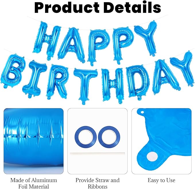 65 Pcs Blue Happy Birthday Balloons and 2 Sets A-Z Letters Foil Balloons, 16 Inch Personalized Name Happy Birthday Banners for Wedding Baby Shower Anniversary Party Decorations (Blue)