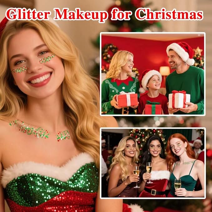 MEICOLY Red and Green Face Body Glitter Stick for Christmas,Sparkle Christmas Hair Glitter Makeup,Stocking Stuffers for Women and Kids,Chunky Face Glitter for Party Rave Festival