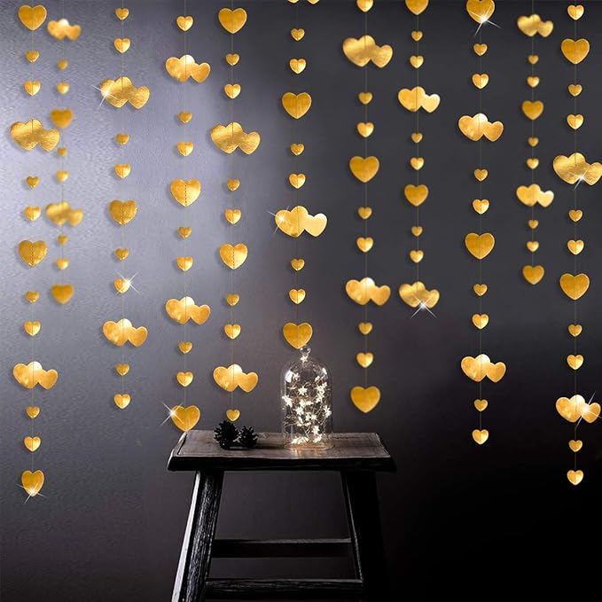 pinkblume Valentines Day Party Decorations Gold Heart Garland Hanging Streamer Banner for Anniversary Mothers Day Engagement Wedding Bridal Shower Baby Shower Bachelorette Birthday Hen Party Supplies