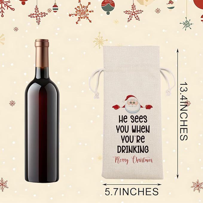 Funny Christmas Wine Bags for Wine Bottles Gifts Christmas Wine Bottle Cover Drawstring Gift Bags He Sees You when You're Drinking Burlap Wine Bag for Xmas Holiday Housewarming Party Decorations