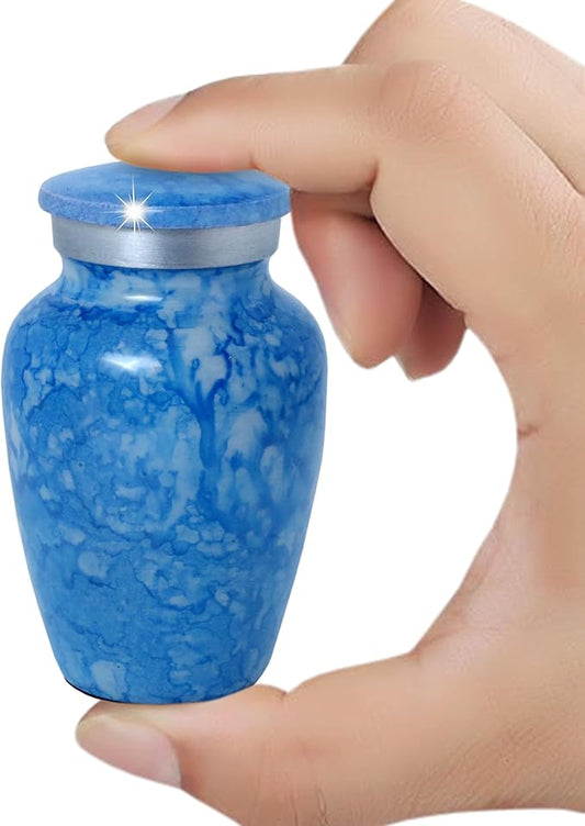 Small Keepsake Urn for Human or Pet Ashes – Handcrafted Aero Blue Marble Mini Urn with Velvet Bag & Gift Box | Durable Metal Memorial Token Jar for Baby, Infant, Pet or Loved One – 3 Cu in