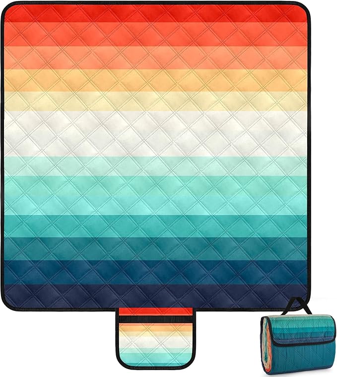 Waterproof Picnic Blankets,79''x79'' Extra Large Foldable Sandproof Beach Blanket,Portable 3-Layer Polyester Outdoor Picnic Blanket for Grass Lawn,Beach,Family Camping,Park,Travel-Rainbow Stripe