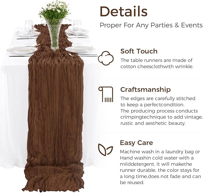 20 PCS Brown Cheesecloth Table Runner 10ft Boho Gauze Fabric Cheese Cloth Table Runner Comes with 20 Cloth Napkins Runner for Romantic Wedding Birthday Shower Party Table Decoration