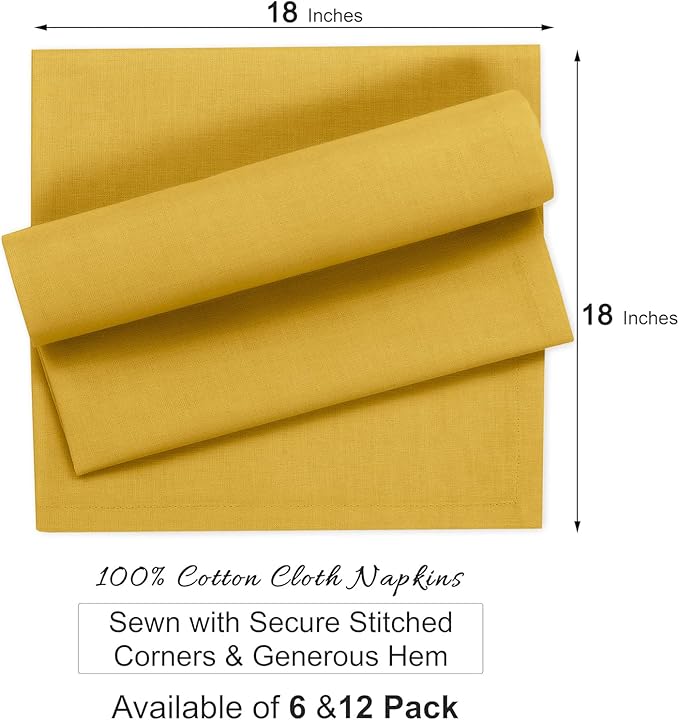 Ruvanti Premium Cloth Napkins Set of 6, 18x18 Inches, 100% Cotton, Washable, Soft & Absorbent, Perfect for Wedding, Christmas, ‎Thanksgiving Dinners - Spicy Mustard