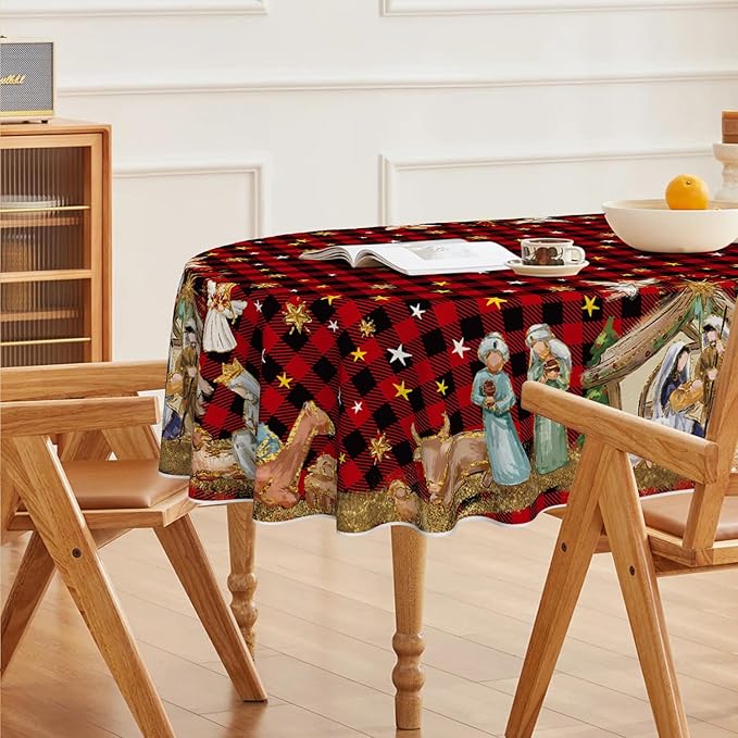 Horaldaily Christmas Tablecloth 60×84 Inch Oval, Holy Nativity Red Buffalo Plaid Washable Table Cover for Party Picnic Dinner Decor