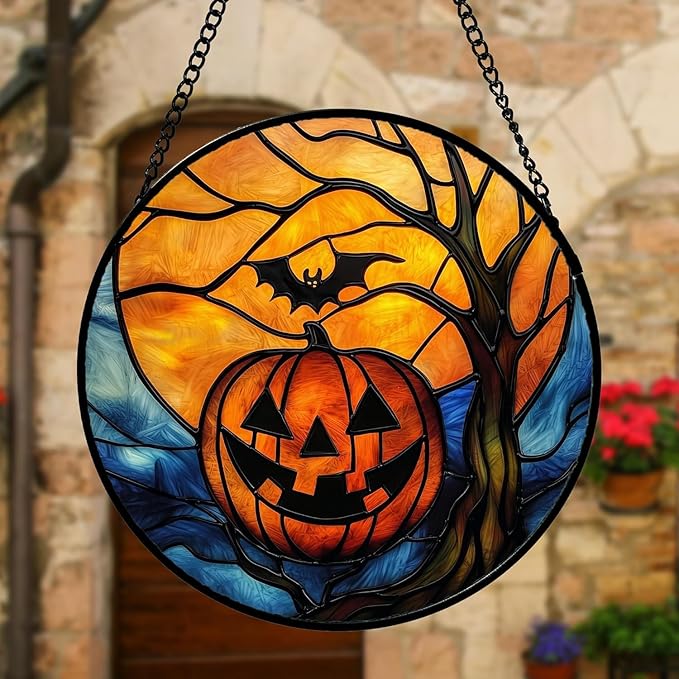 Stained Glass Window Hanging, Pumpkin Bat Moon Tree Suncatcher for Doors Home Sun Catchers Decoration and Christmas, Mother's Day Birthday Gifts for Women, Men, and Mom 14.9x14.9 in