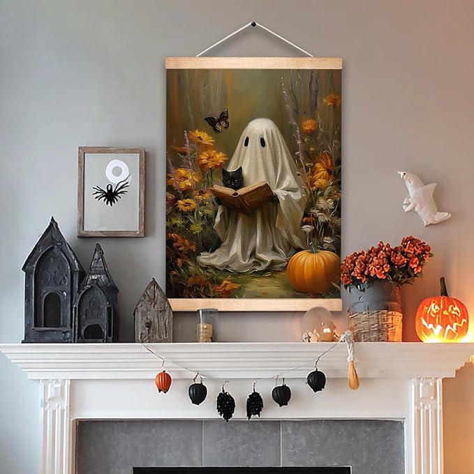 Rustic Ghost and Black Cat Reading Book Wall Art 18.5x14 Inch,Fun Ghost Linen Canvas Wall Hanging Poster Decor, Retro Gothic Haunted House Theme Wall Poster for Library Reading Corner,Halloween Decorations(BLK06)