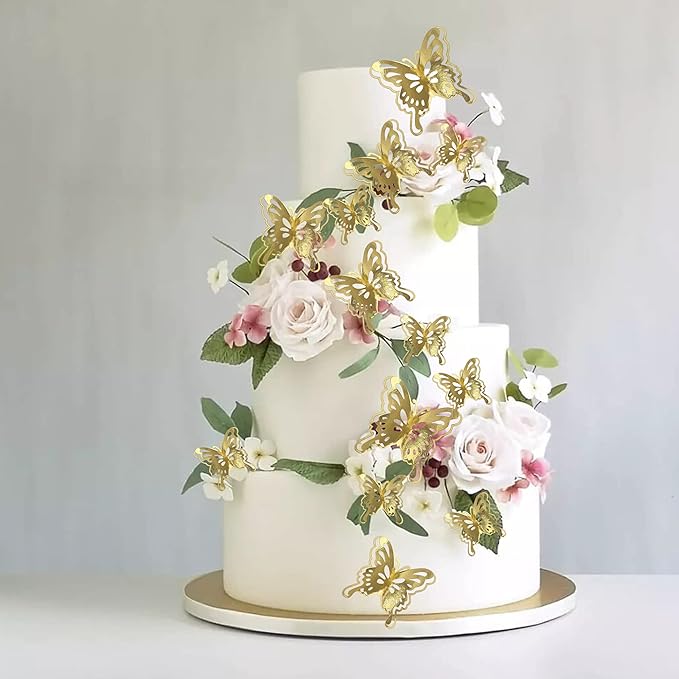 40 PCS Gold Lively 3D Butterfly Cupcake Toppers Mixed Size Hollow Art Butterfly Cupcake Topper Baby Shower Wedding Anniversary Birthday Party Cake Wall Decorations Supplies