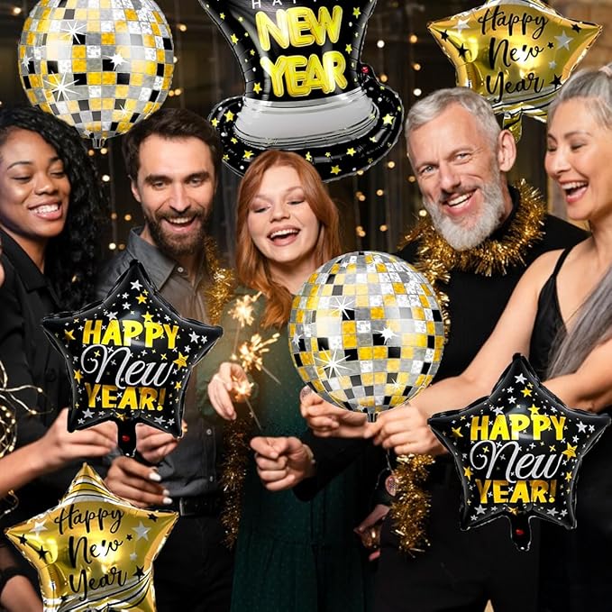 7pcs 22 Inch Happy New Year Balloons, Disco Ball Balloons And Star Foil Balloon For 2026 New Years Eve Party Supplies