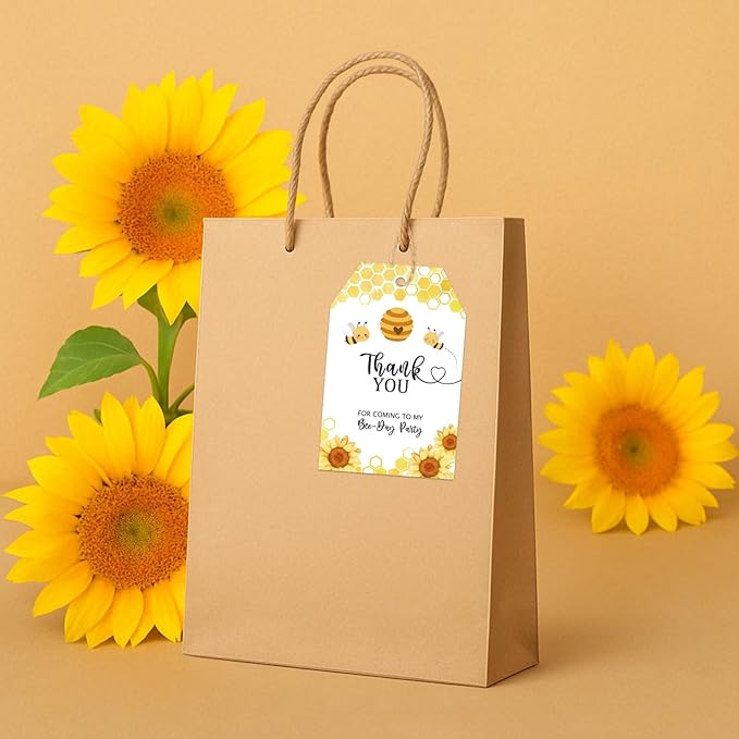 G2PLUS 50Pcs Bee Thank You Tags, Thank You for Coming Tags for Gender Reveal, White Paper Sunflower Bee Gift Tag with String for Baby Shower, 1st Birthday, Wedding Bridal Shower Party Favors