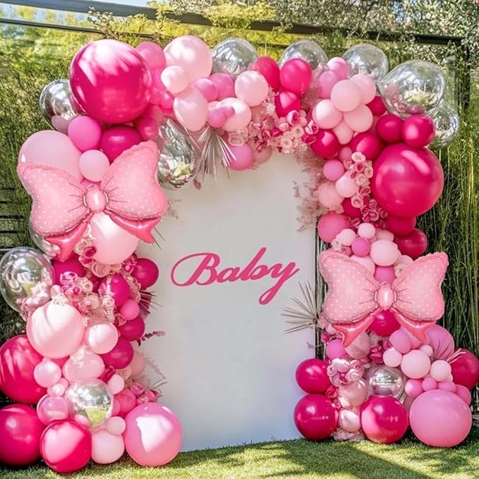 Pink Balloon Arch Kit Double Stuffed Peach Pink Bow Balloon Garland Foil Silver Balloons For Happy Birthday Baby Shower Bridal Shower Wedding Girls Women Theme Tea Party Decor