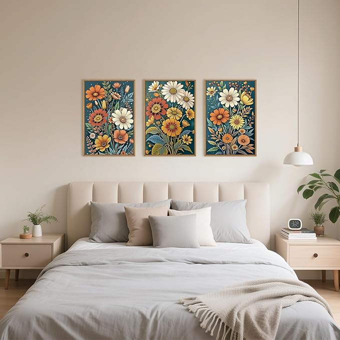 HOURIA Retro Boho Flower Framed Canvas Wall Art Set,Colorful Wilderness Floral with Green Leaves Wall Decor,Nature Botanical Wall Painting,Vintage Bouquet Art Prints for Living Room, Bedroom-16"x24"x3