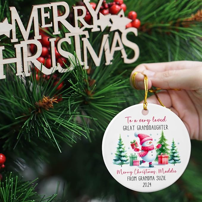to A Very Loved Great Granddaughter Snowman Ceramic Ornament, Personalized Great Granddaughter Snowman Ornament with Names, Custom Granddaughter Merry Christmas Ornament Gift from Great Grandparents