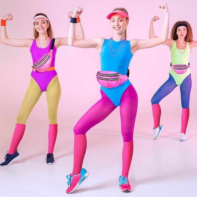 Handepo 19 Pcs 80s Costume Accessories Holographic Fanny Pack Leg Warmers Lace Headband Earrings Gloves Necklace Bracelet